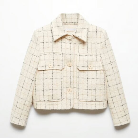 MANGO MNG Cropped Tweed Blazer in Cream Plaid Preppy Old Money Academia Size XS - Picture 1 of 14